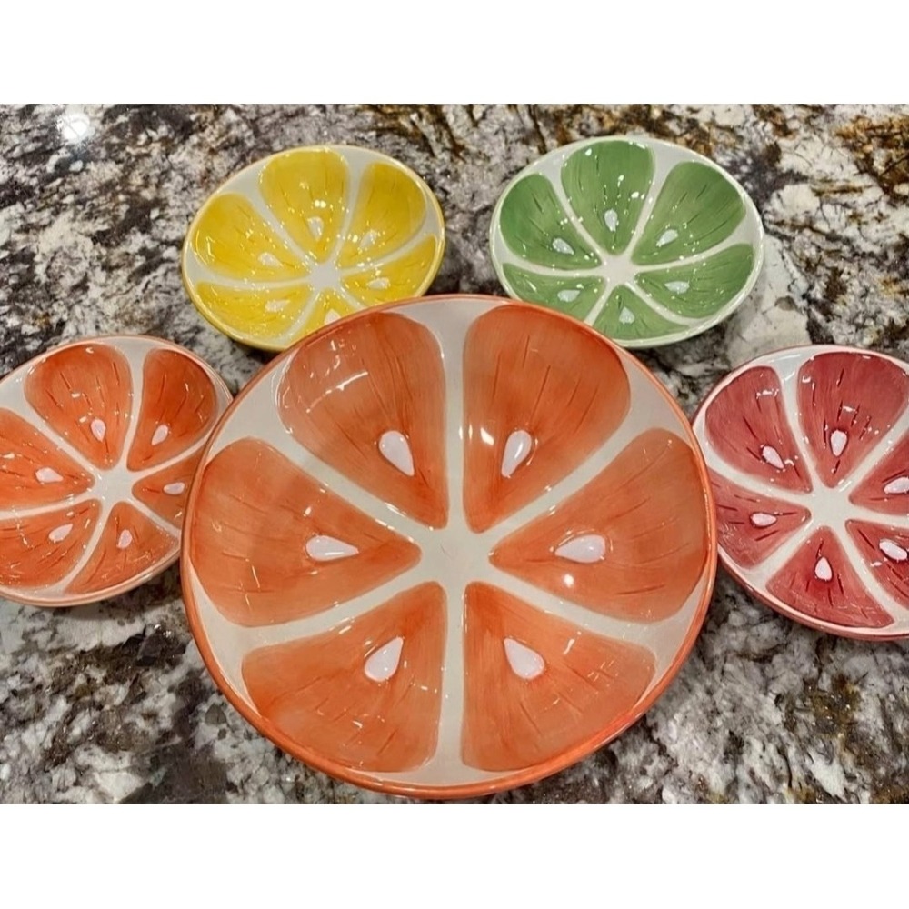 Pier 1 Citrus Earthenware Serving Bowl & 4 Bowl Set Lemon Lime Grapefruit Fruit
